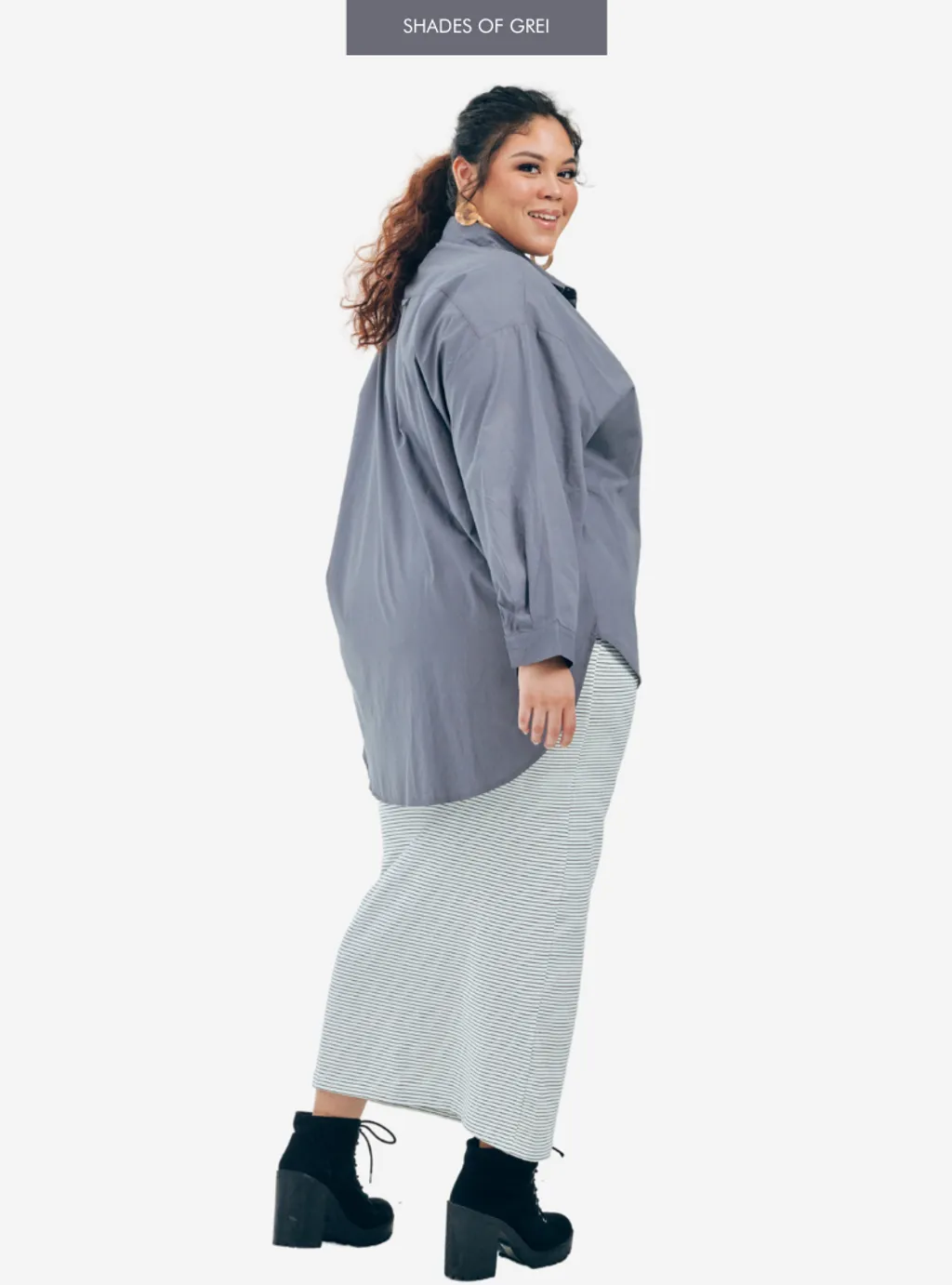 Curva Fabulous - Kemeja Dropped Shoulder Oversize Shirt - Shades Of Grey - CURVA FABULOUS INDONESIA - Shirts & Tops