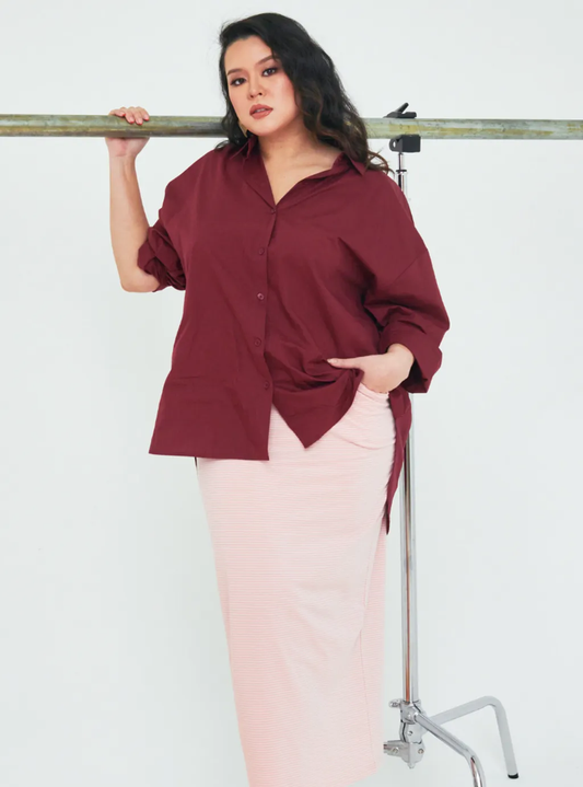 Kemeja Dropped Shoulder Oversize Shirt - MAROON - AS IS