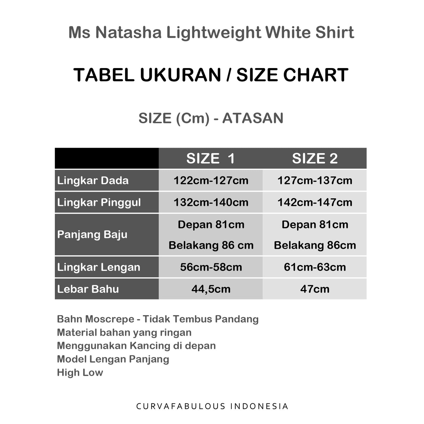 Curva Fabulous - Ms Natasha Lightweight White Shirt - CURVA FABULOUS INDONESIA - Shirts & Tops