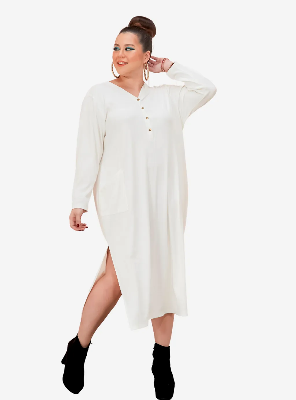 Curva Fabulous - Plus Size Knitted Krishna Front Button Slit Dress - CURVA FABULOUS INDONESIA - Dresses