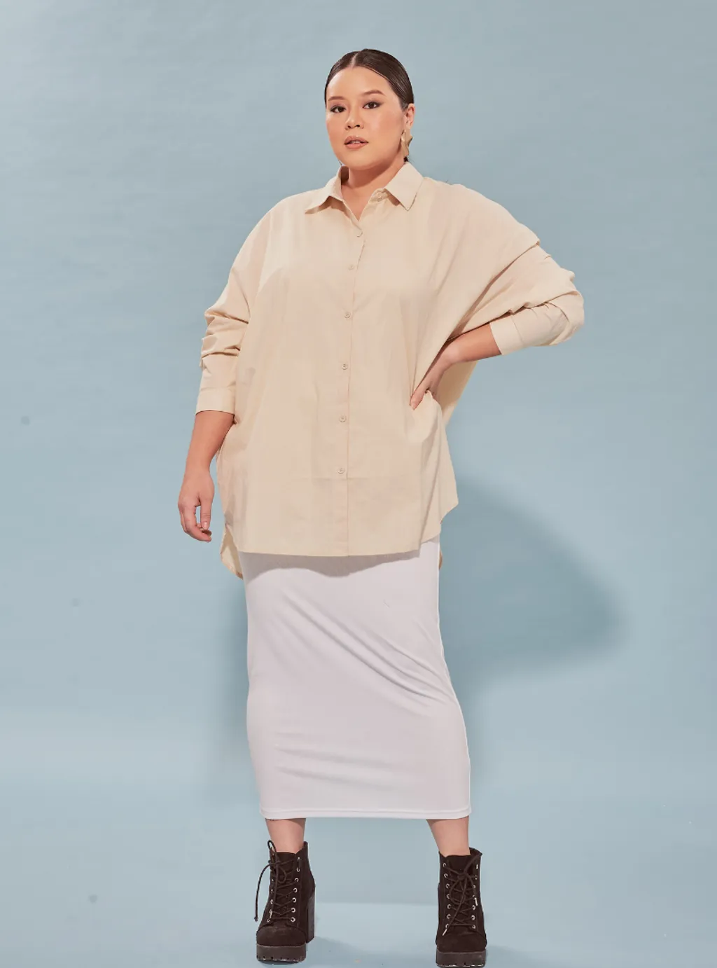 Curva Fabulous - Kemeja Dropped Shoulder Oversize Shirt - Milk Tea Series - CURVA FABULOUS INDONESIA - Shirts & Tops