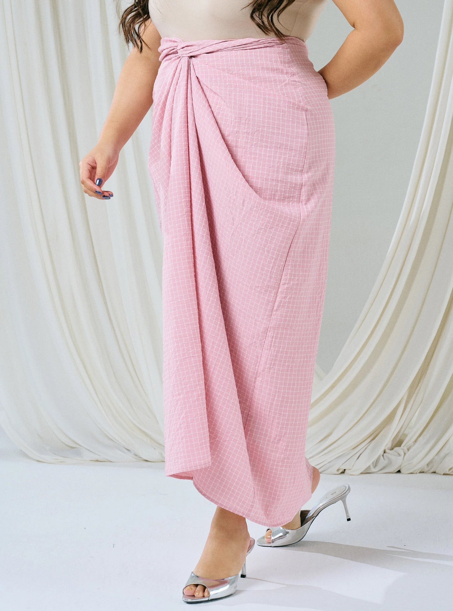 PO HENING LEBARAN - Melly Instant Pario Wrap Skirt Only - Dusty Pink Checked