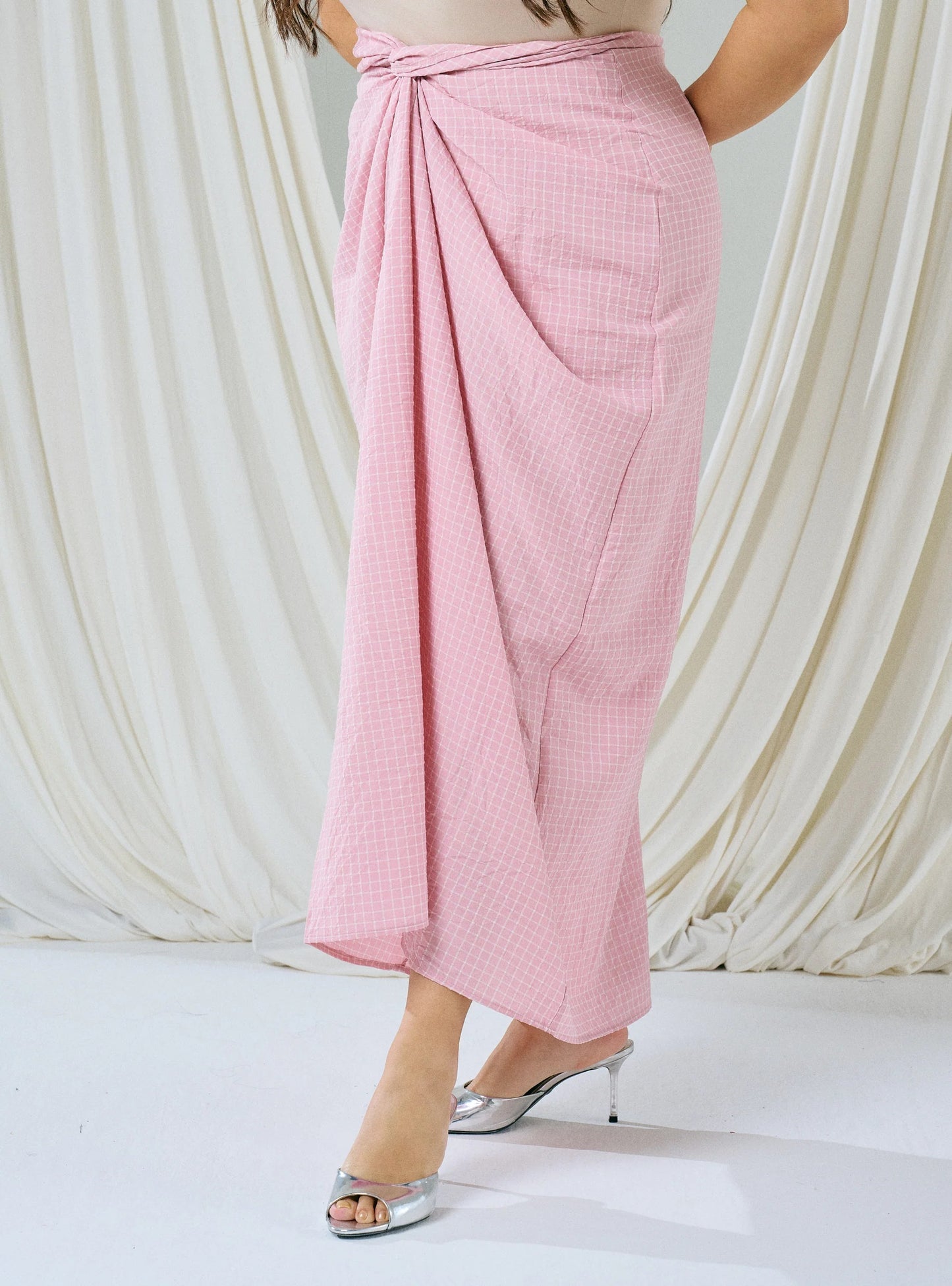 PO HENING LEBARAN - Melly Instant Pario Wrap Skirt Only - Dusty Pink Checked