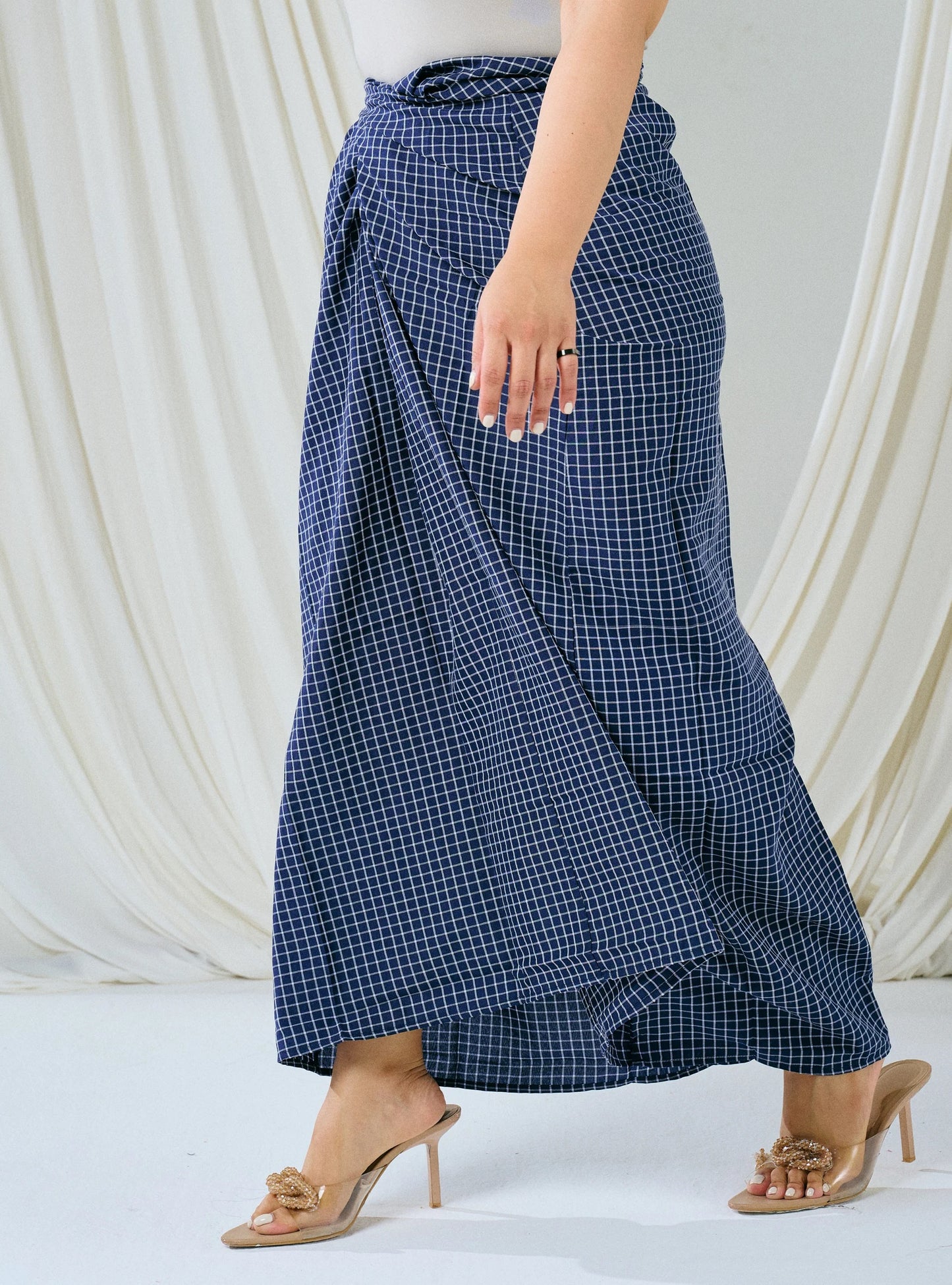 PO HENING LEBARAN - Melly Instant Pario Wrap Skirt Only - Navy Small Checked