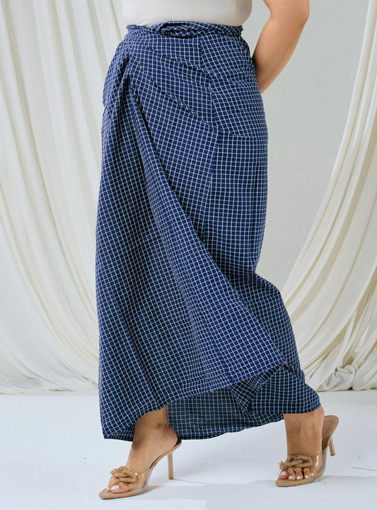 PO HENING LEBARAN - Melly Instant Pario Wrap Skirt Only - Navy Small Checked