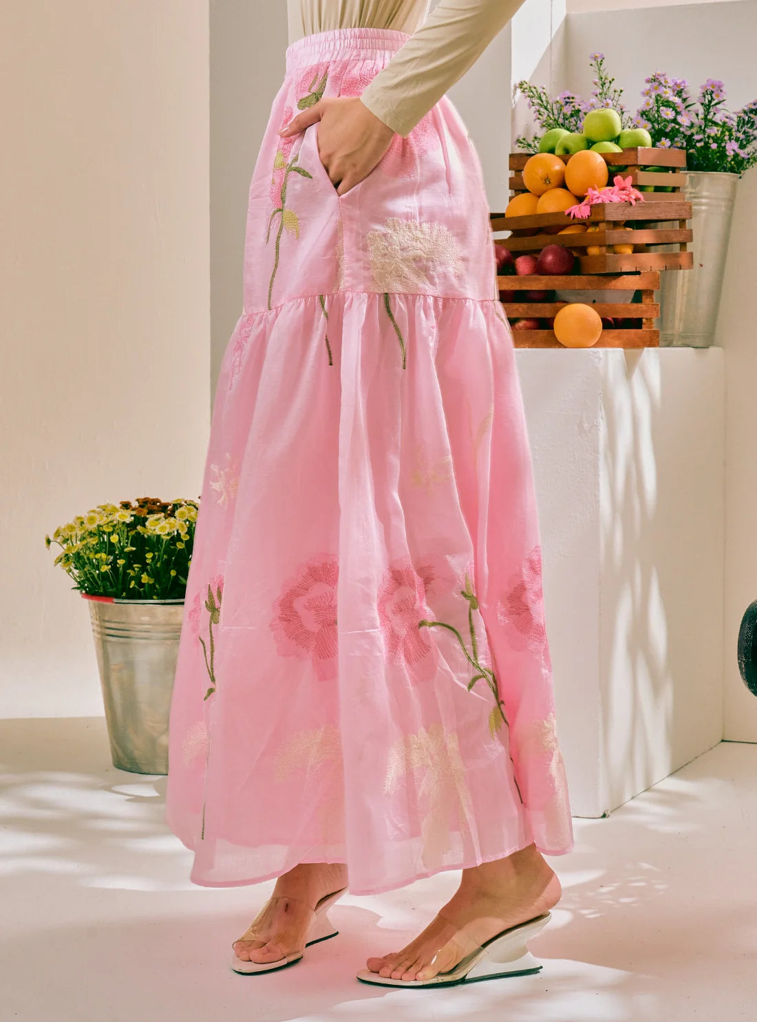 PO Posy 3D Embroidery A-Line Tiered Skirt