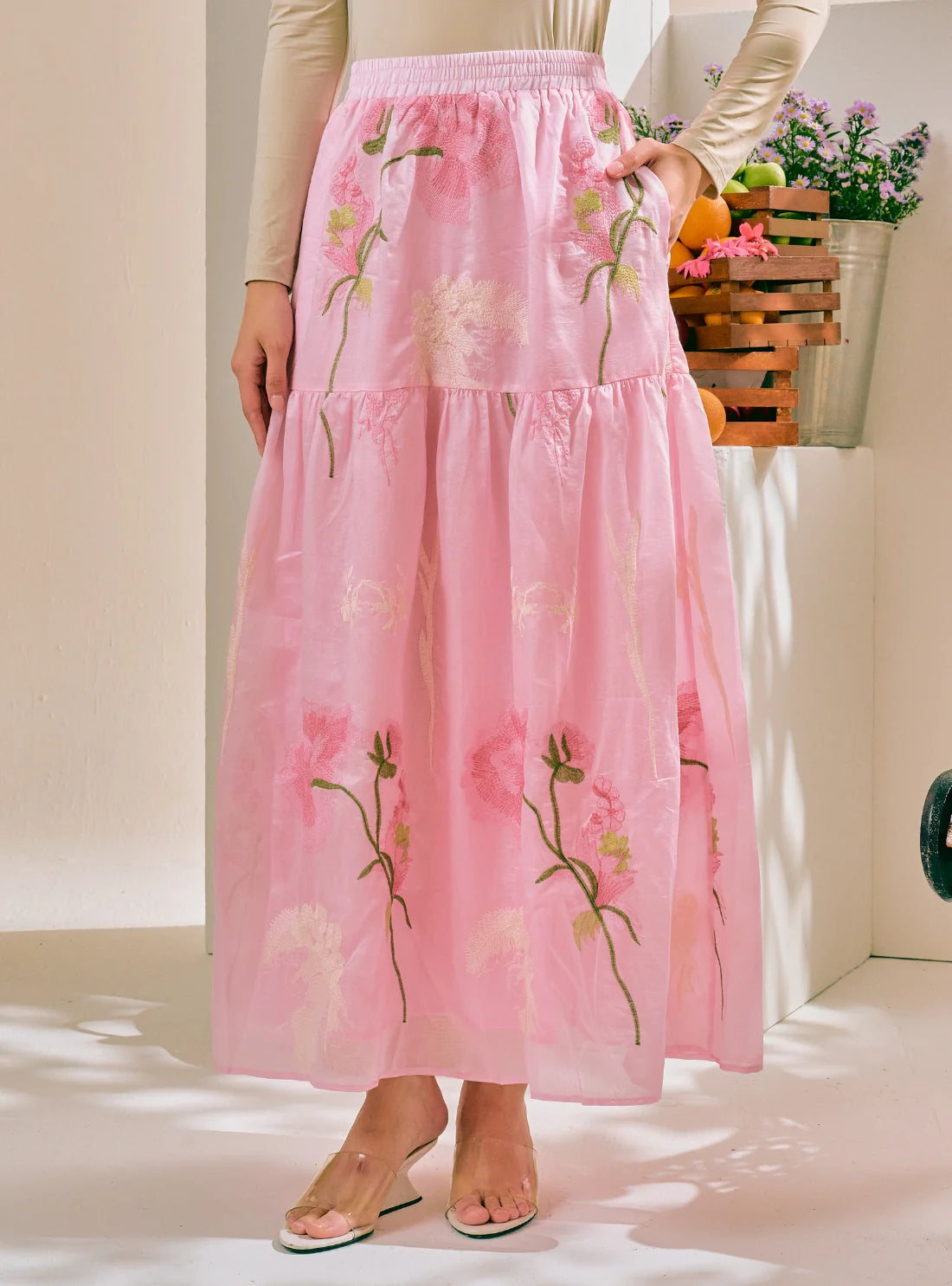 PO Posy 3D Embroidery A-Line Tiered Skirt