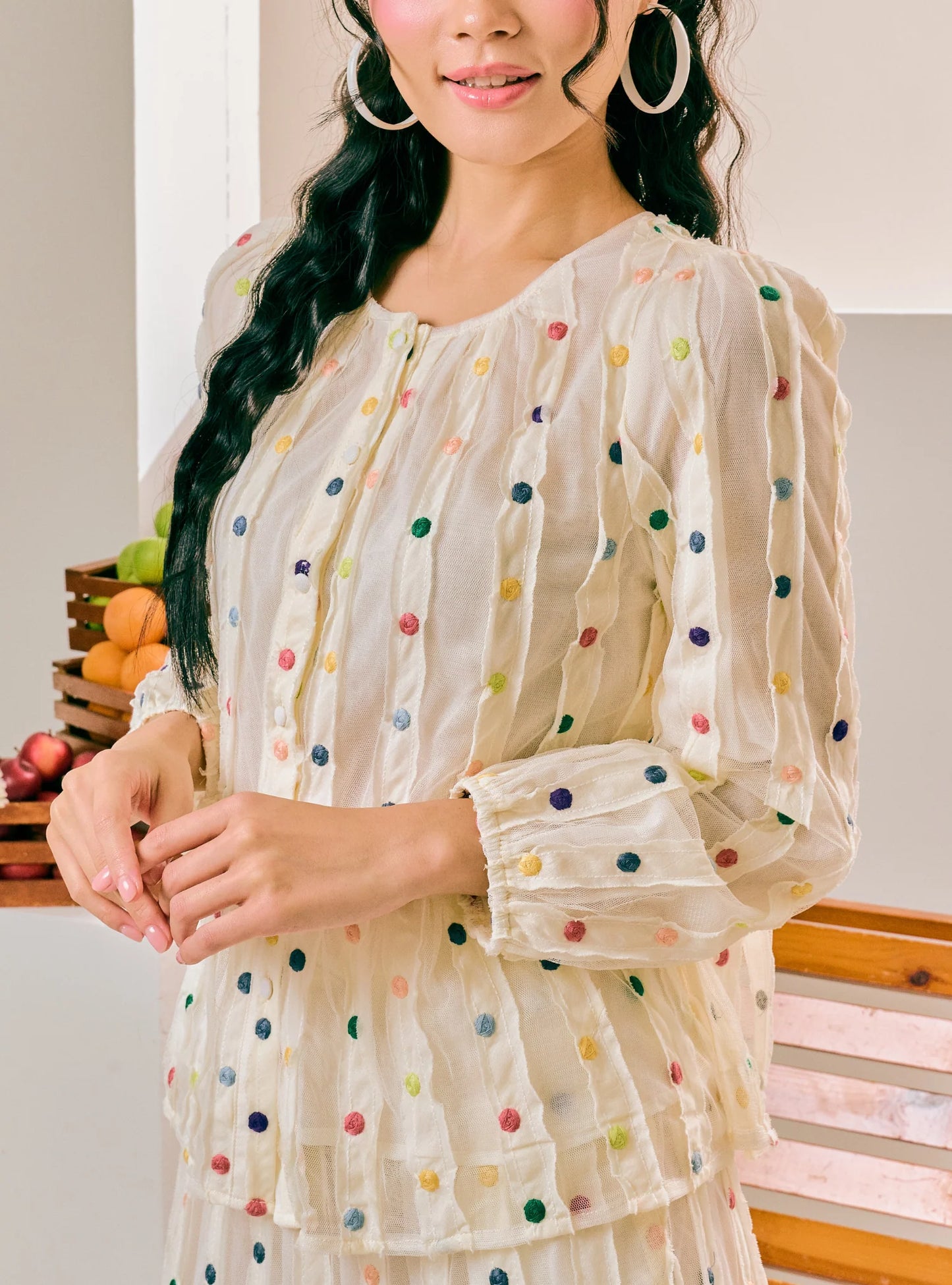 PO Mosaic Dot Embroidered Peplum Top