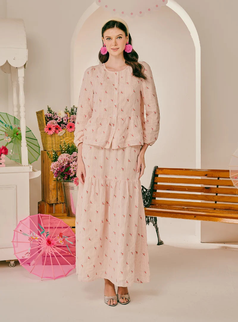 PO Kallie Embroidered Linen A-Line Tiered Skirt