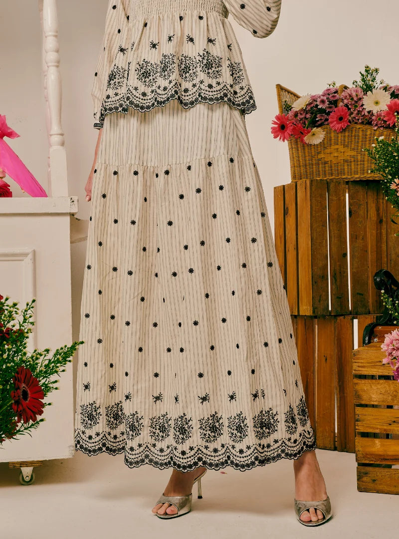 PO Rosette Embroidered Maxi Linen Skirt