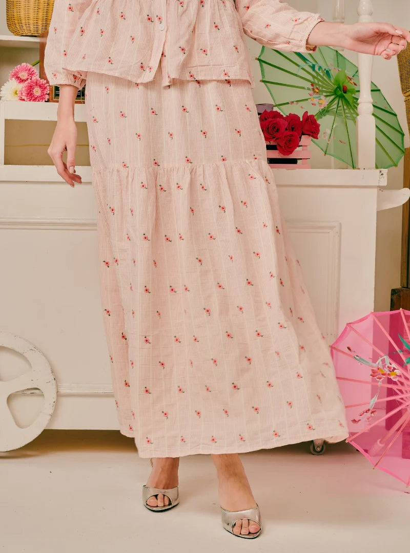 PO Kallie Embroidered Linen A-Line Tiered Skirt