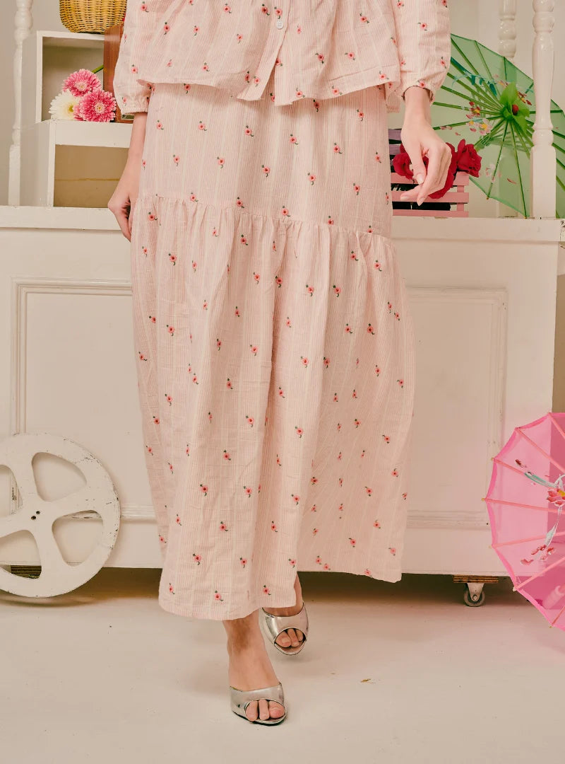 PO Kallie Embroidered Linen A-Line Tiered Skirt