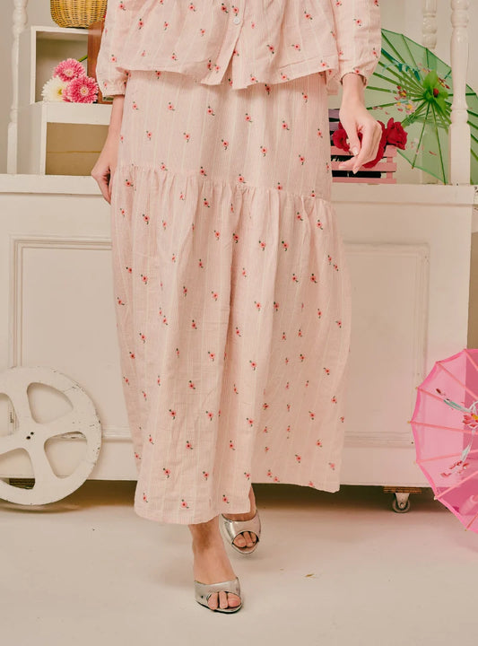 PO Kallie Embroidered Linen A-Line Tiered Skirt