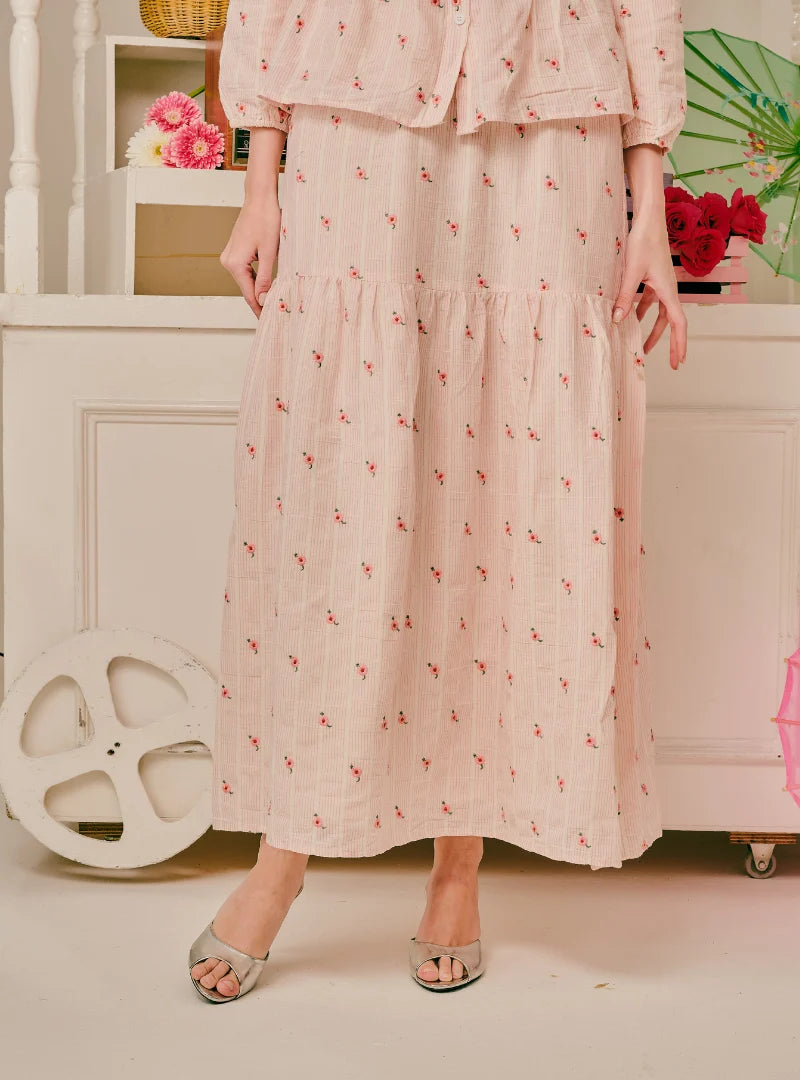 PO Kallie Embroidered Linen A-Line Tiered Skirt