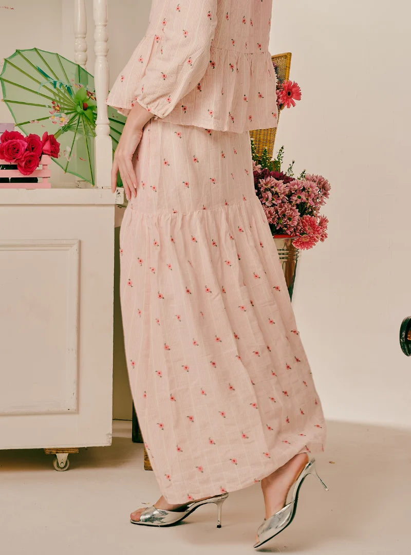 PO Kallie Embroidered Linen A-Line Tiered Skirt