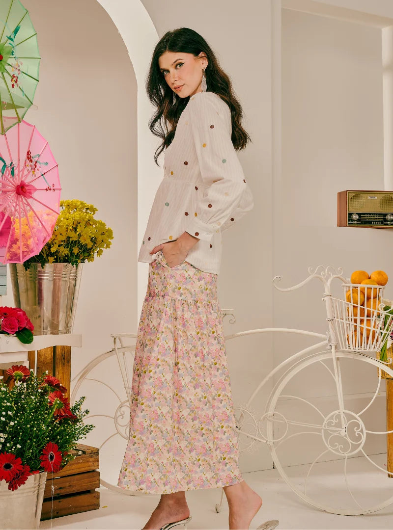 PO Dew 3D Dotted Cotton Linen Peplum Top