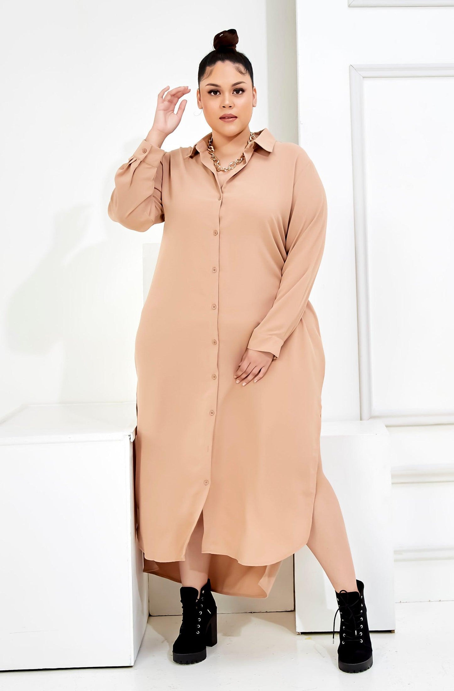 Curva Fabulous - Curva Bf Shirt Dress - Nude Palette Series - CURVA FABULOUS INDONESIA - casual, dress, formal, nude, shirt dress, Viscose, work wear - Dresses